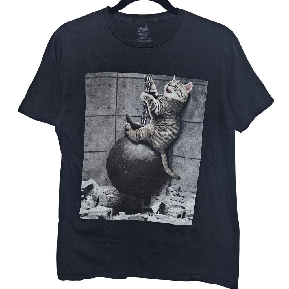 Chill Mens Wrecking Ball Cat Graphic T-Shirt Black Size Medium Funny Parody Tee